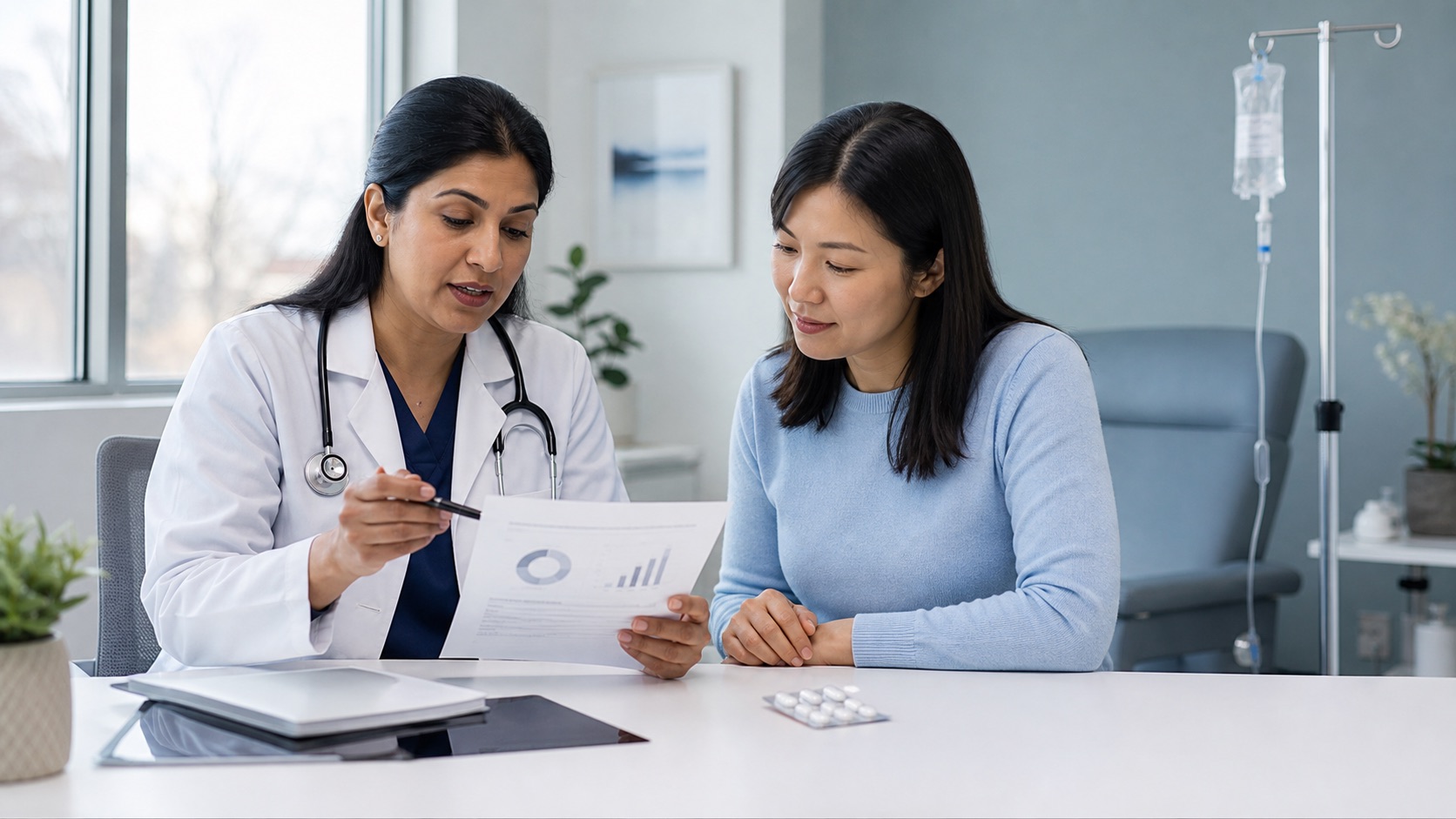 Clinician explaining ferritin results and oral versus IV iron for iron-deficiency fatigue